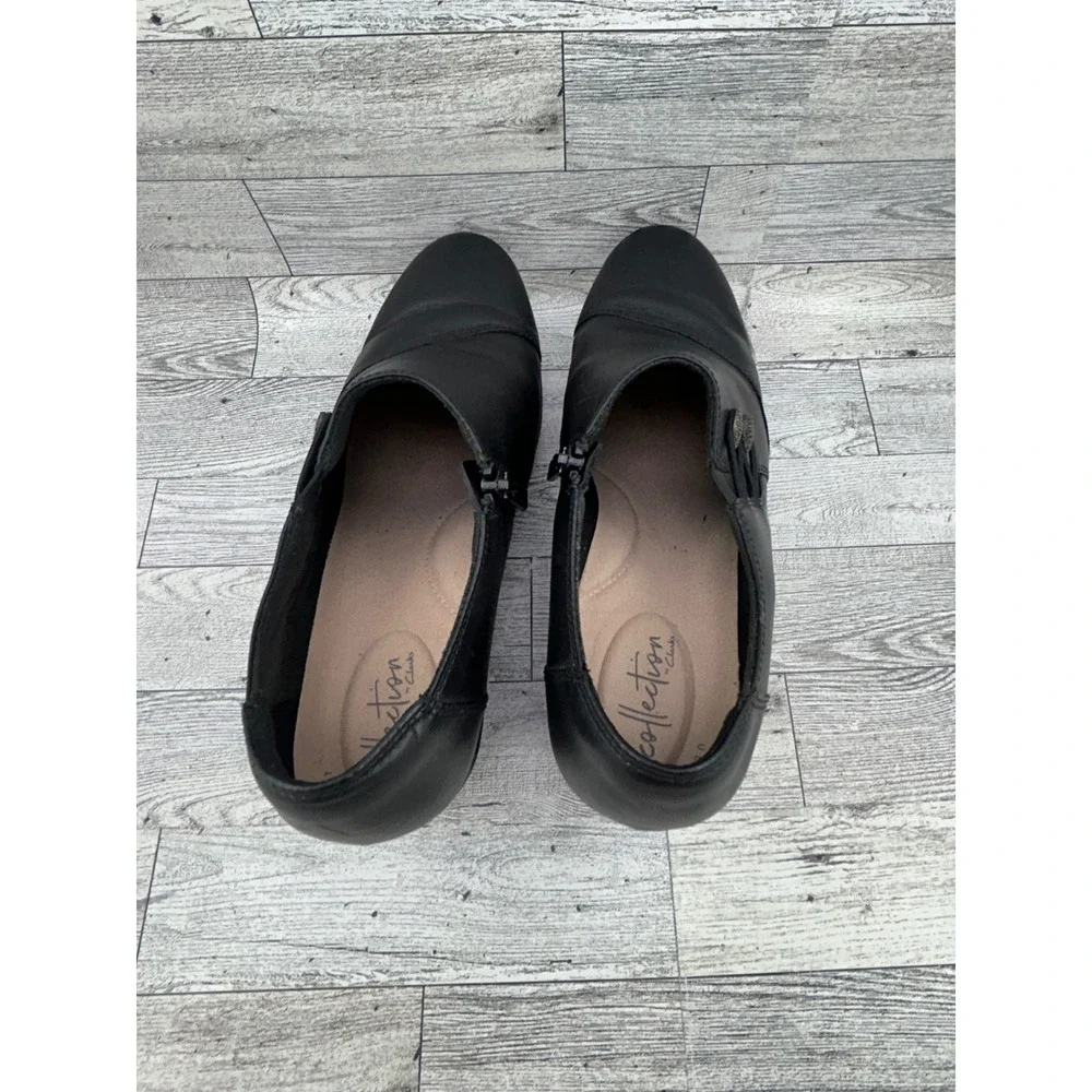 Clarks Collection Black Leather Ankle Booties Side Zip Block Heel Women Sz 8.5W‎